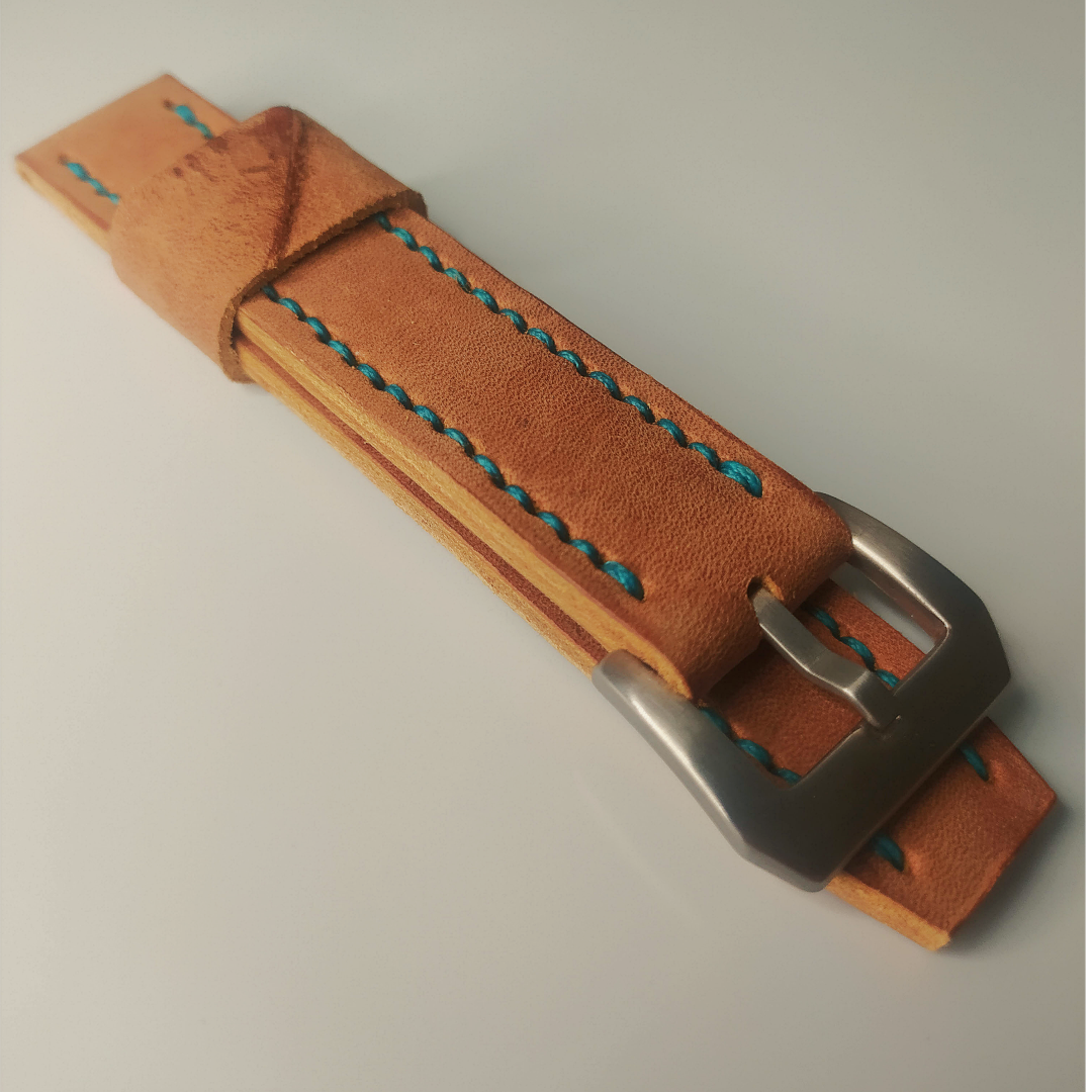 Wrist Bound 22mm Hand Treated Light Brown Leather/Blue Stitching