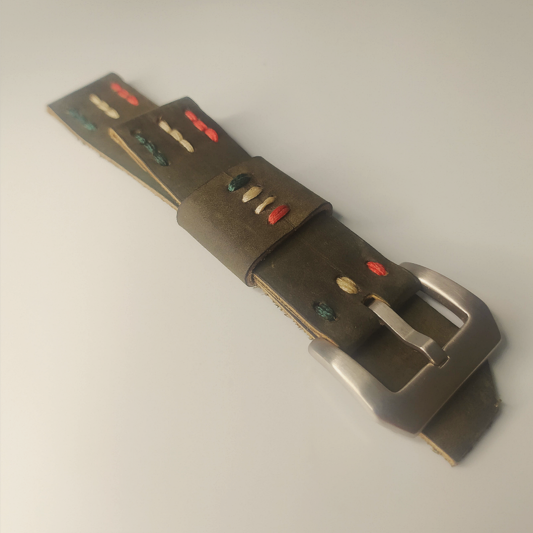 Handmade Leather Strap (Dark Green Distressed Leather. "Viva Mexico" Stitching. Silver Buckle)