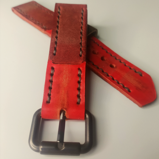 Handmade Leather Strap by Wrist Bound (Two Toned Red Leather. Dark Green Stitiching. Brushed Buckle)