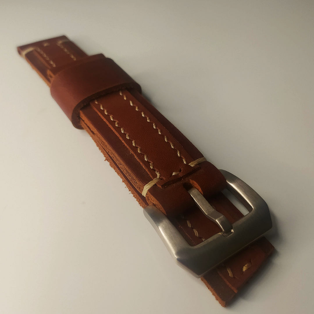Handmade Leather Strap by Wrist Bound (Slick Dark Brown Leather, White Stitching, Silver Buckle)