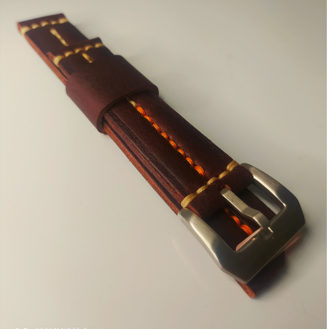 Handmade Leather Strap by Wrist Bound (Brown Red Leather. White/Orange Stitching. Silver Buckle)