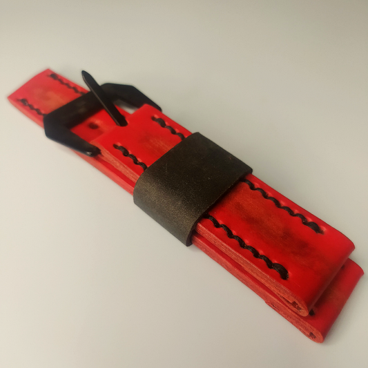 Handmade Leather Strap by Wrist Bound (Scraped Red Leather. Black Stitching. Black Buckle)