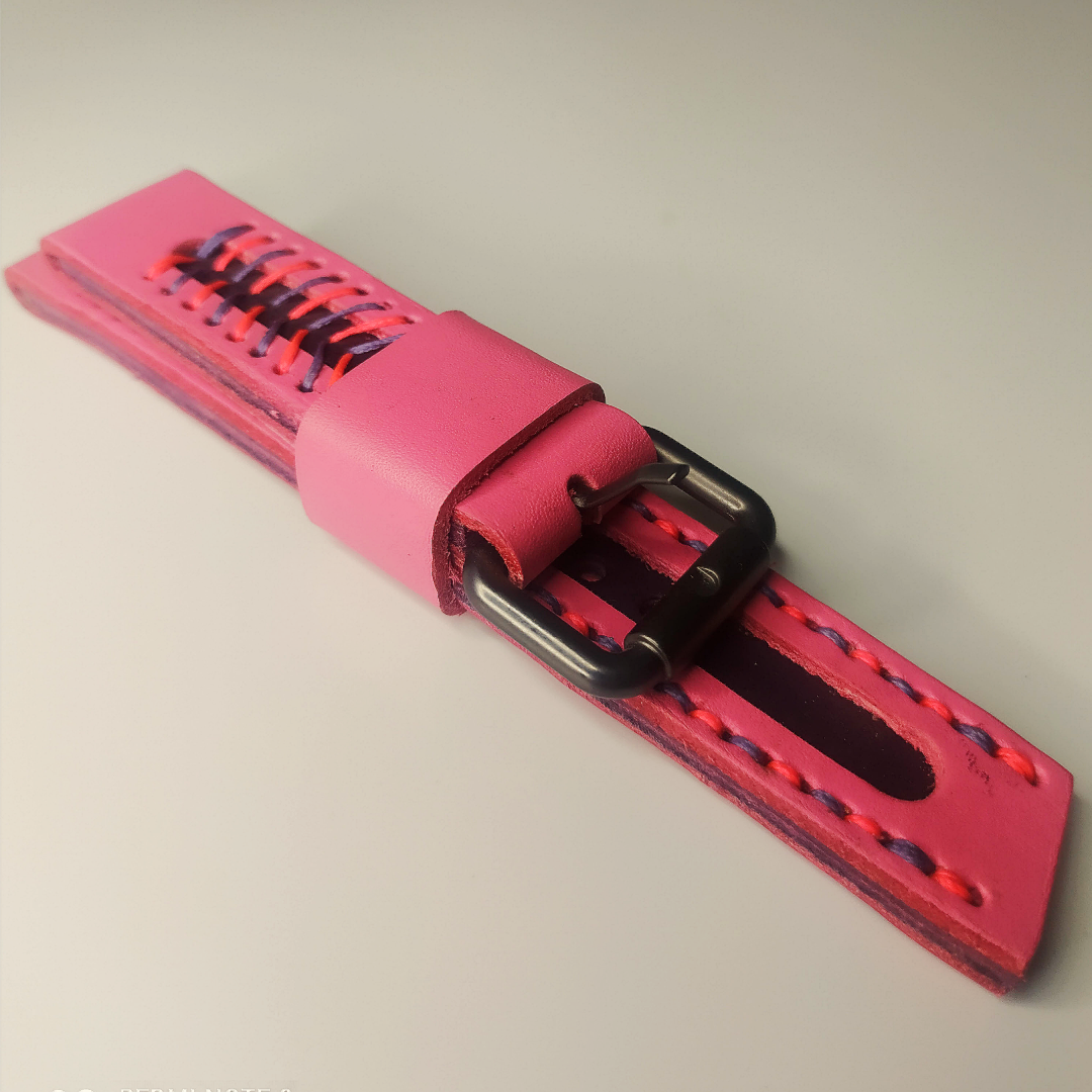Handmade Leather Strap by Wrist Bound (Windowed. Pink Leather, Pink and Purple Stitching)