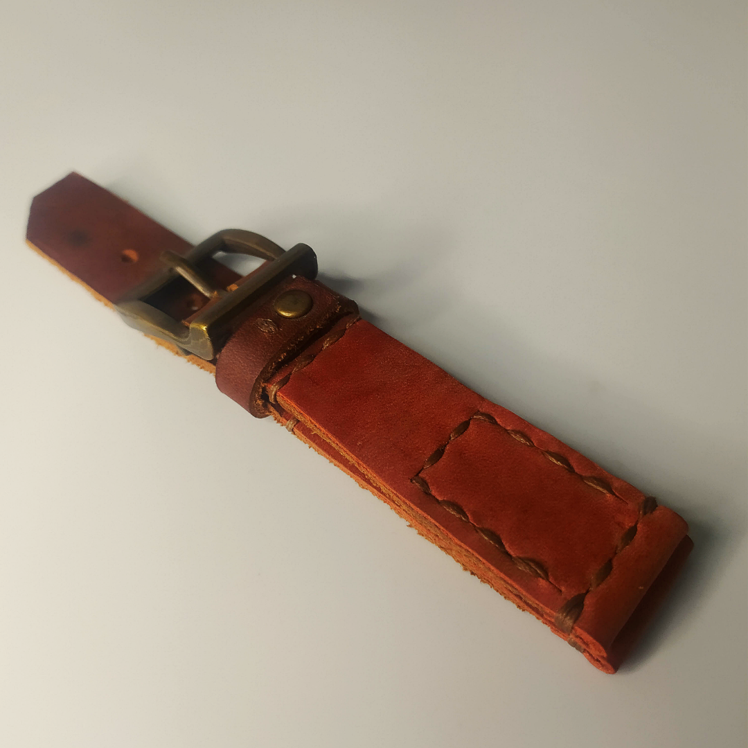 Handmade Leather Strap by Wrist Bound (Two Toned Reddish Brown Leather, Copper Colored Rivets and Buckle)