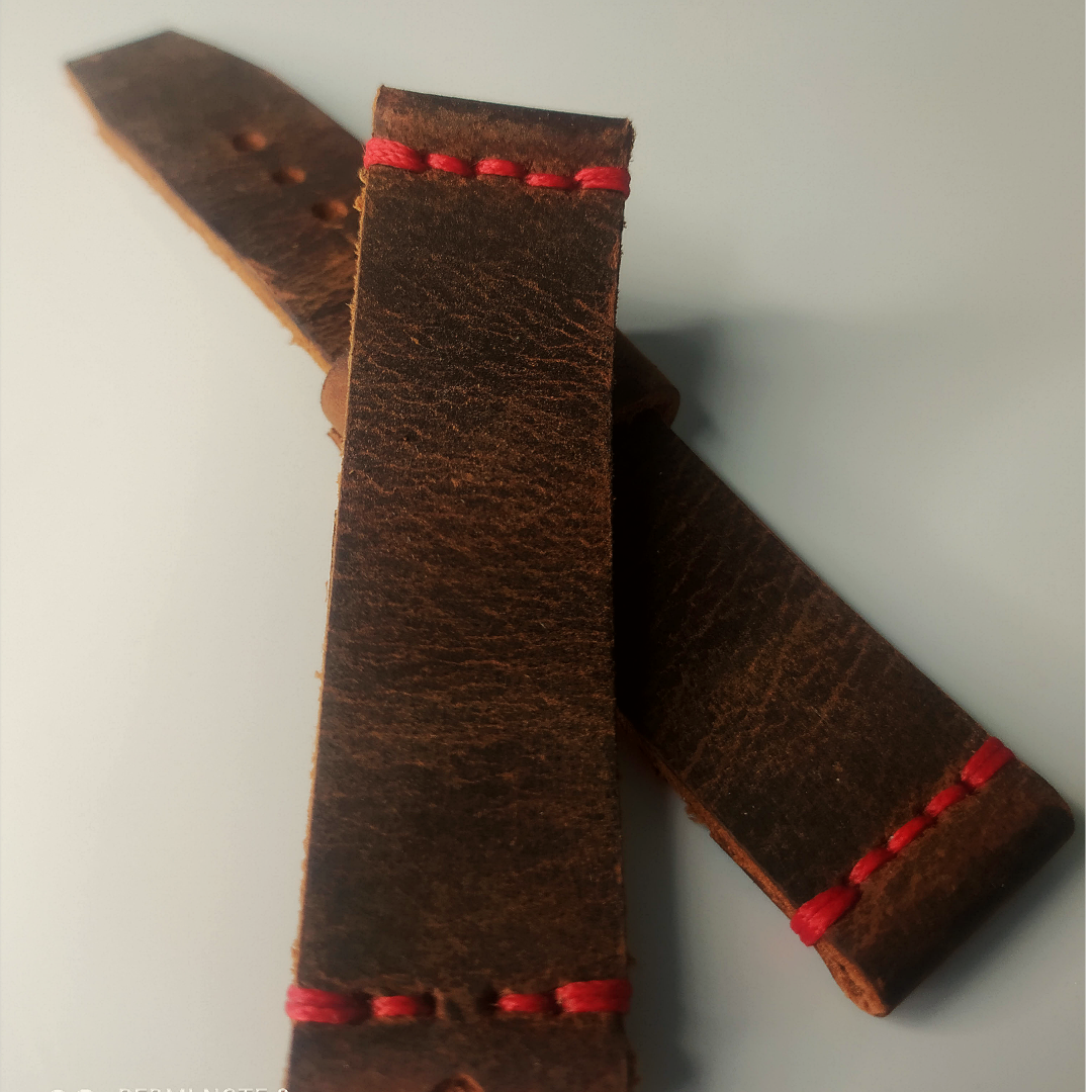 Wrist Bound 20mm dark distressed brown with red stitching