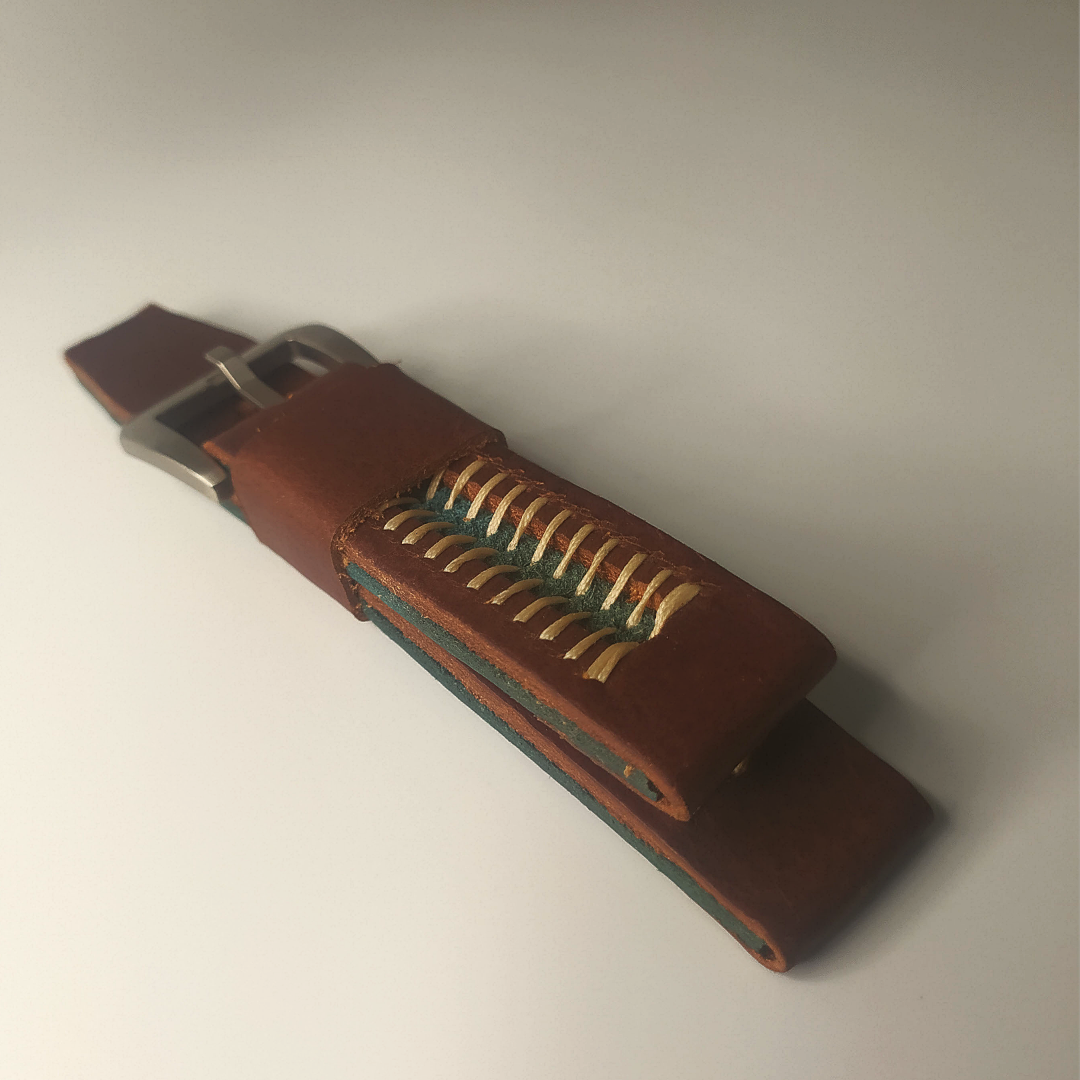 Wrist Bound 22mm Hand Treated Dark Brown Leather/Aquamarine Green Window/White Stitching