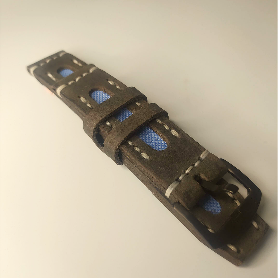 Wrist Bound 22mm Hand Treated Dark Gray/Sky Blue Fabric Window/White Stitching