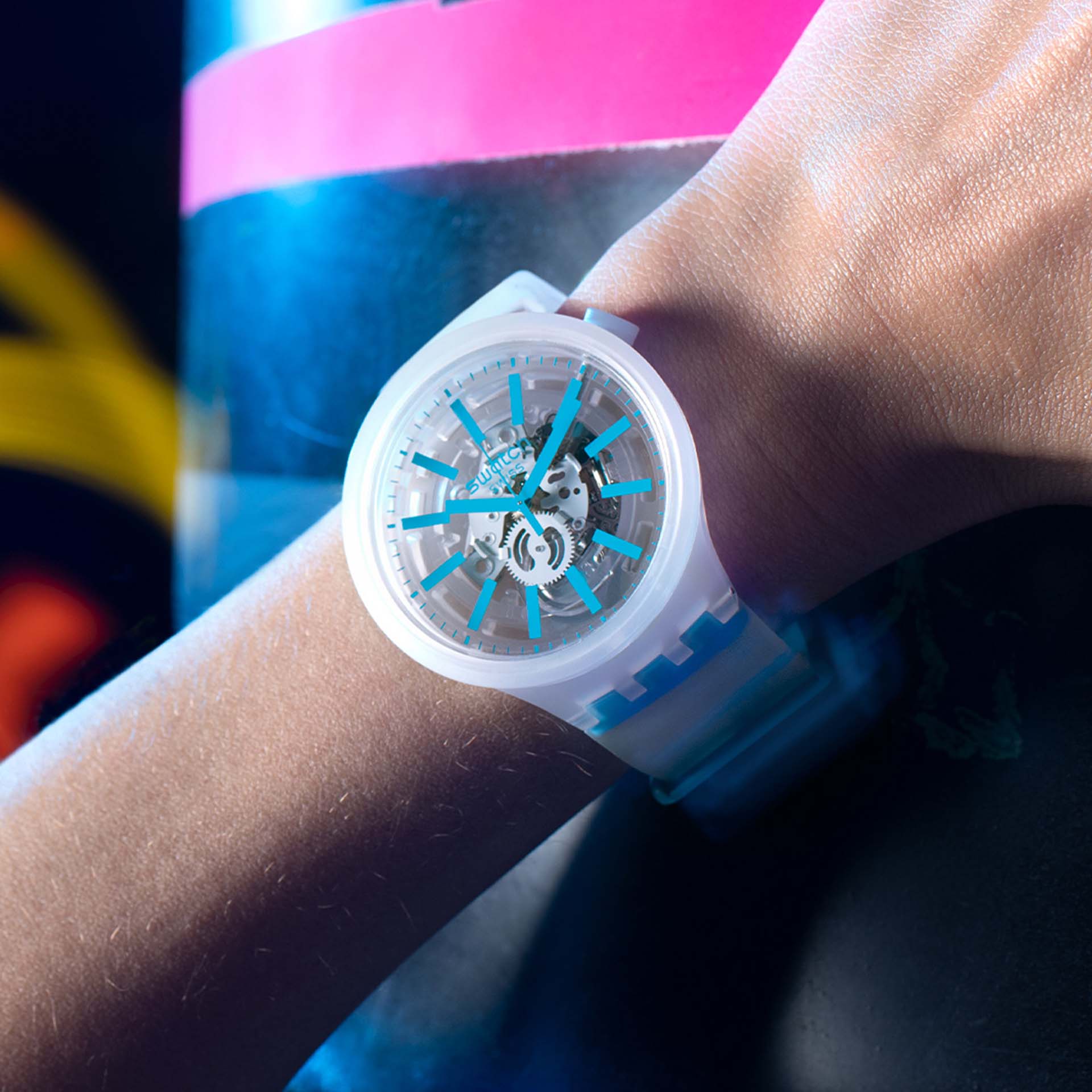 Swatch Blue-In-Jelly Quartz White Skeleton Dial Watch ZBWatches