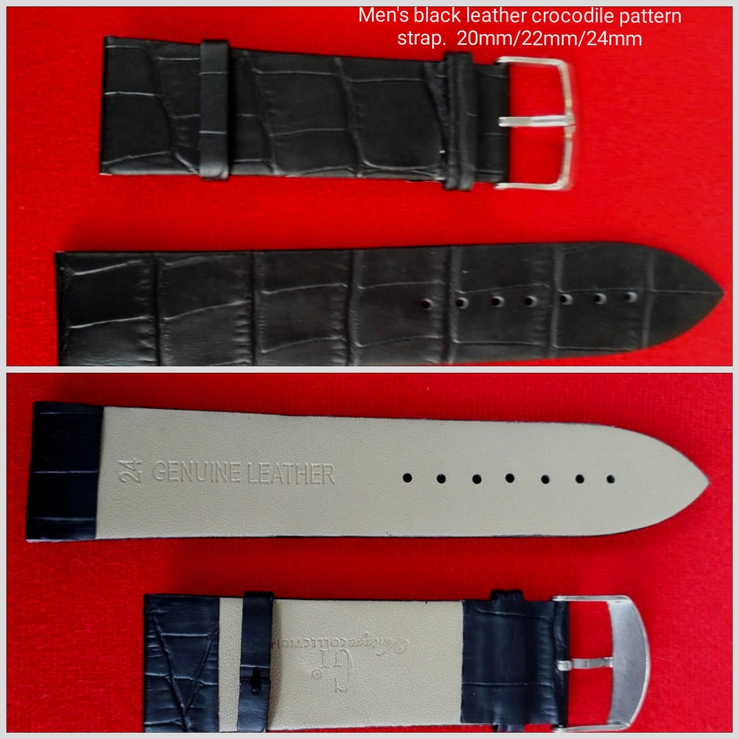 Men's black leather crocodile pattern strap 20mm/22mm/24mm