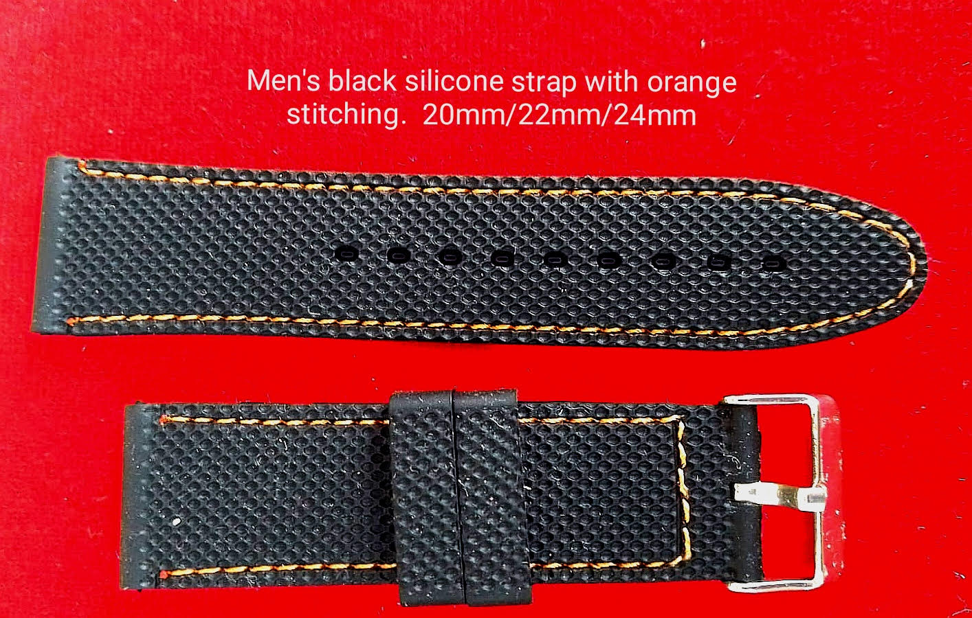 Men's grey and black silicone strap with orange stitching 20mm/22mm/24mm