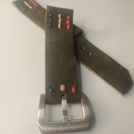 Handmade Leather Strap (Dark Green Distressed Leather. "Viva Mexico" Stitching. Silver Buckle)