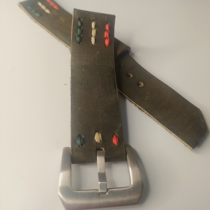 Handmade Leather Strap (Dark Green Distressed Leather. "Viva Mexico" Stitching. Silver Buckle)