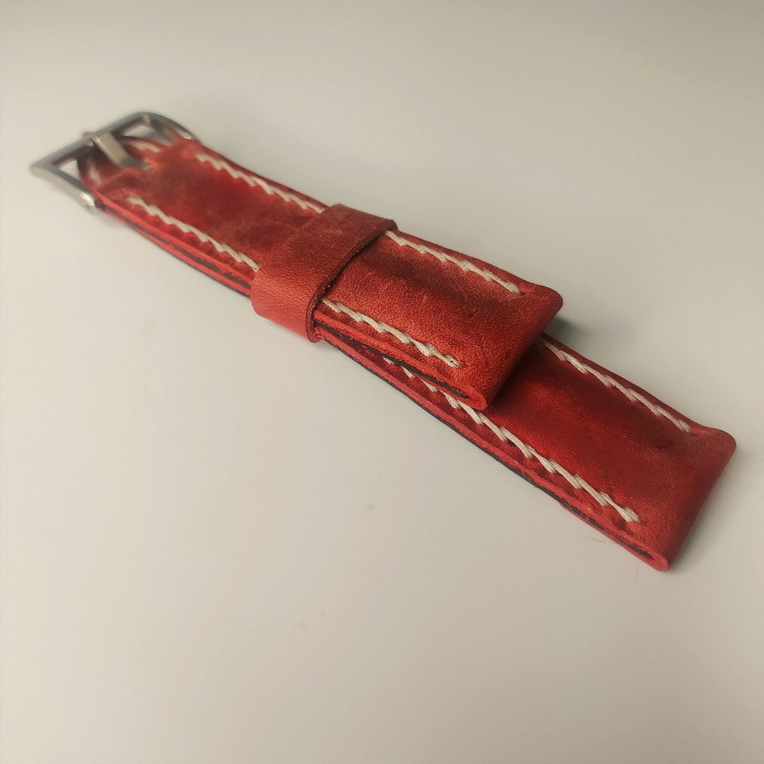 Handmade Leather Strap by Wrist Bound (Distressed Red Leather. White Stitching. Silver Buckle)