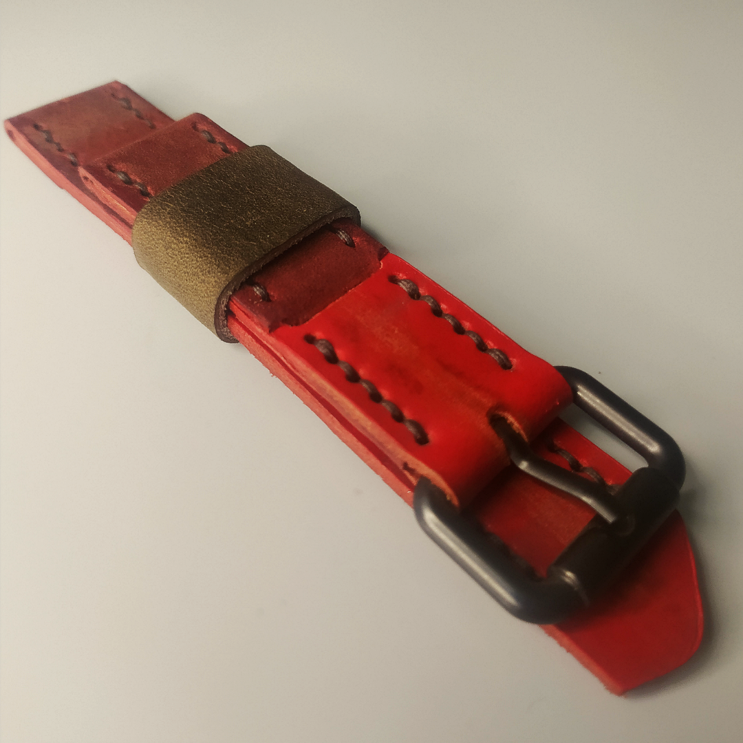 Handmade Leather Strap by Wrist Bound (Two Toned Red Leather. Dark Green Stitiching. Brushed Buckle)