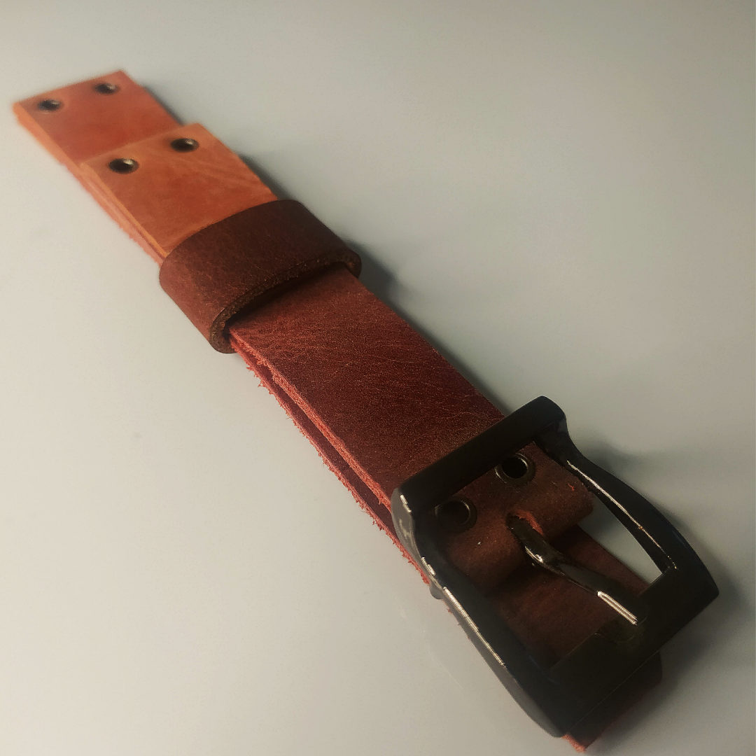Handmade Leather Strap by Wrist Bound (Two Toned Red Leather, Black Rivets and Brushed Buckle)