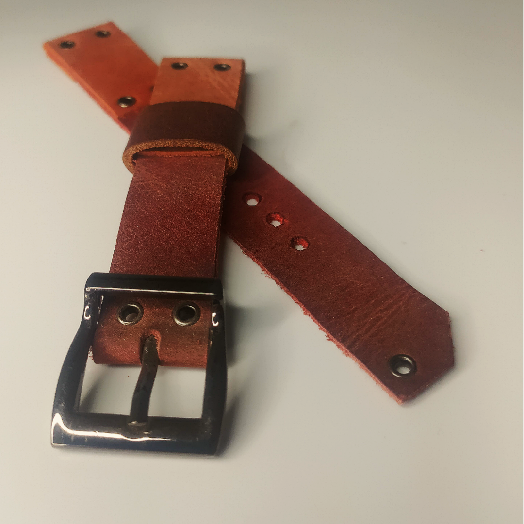 Handmade Leather Strap by Wrist Bound (Two Toned Red Leather, Black Rivets and Brushed Buckle)