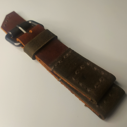 Handmade Leather Strap by Wrist Bound (Dark Green/Dark Brown Leather, Dark Green Stitching, Brushed Buckle)