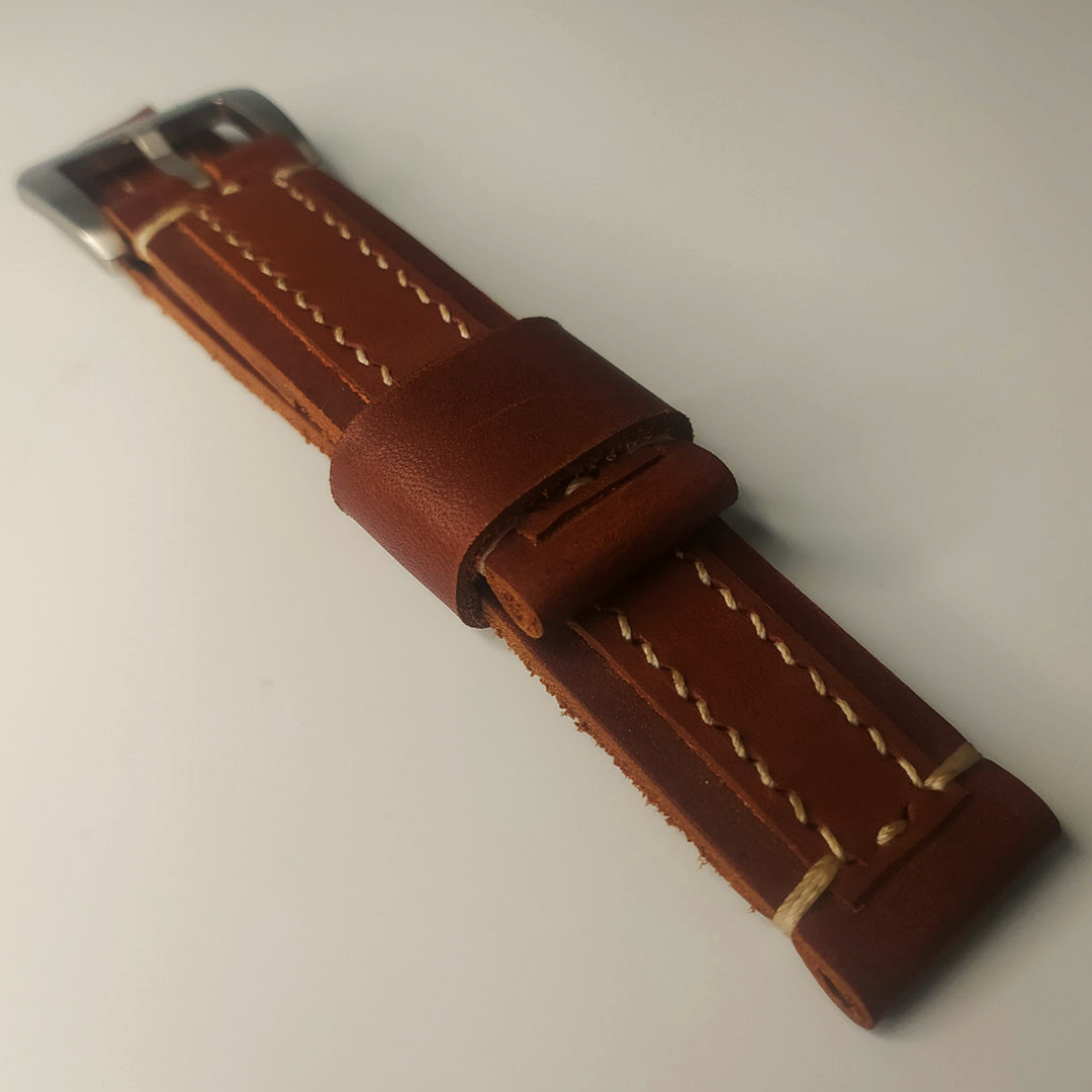 Handmade Leather Strap by Wrist Bound (Slick Dark Brown Leather, White Stitching, Silver Buckle)