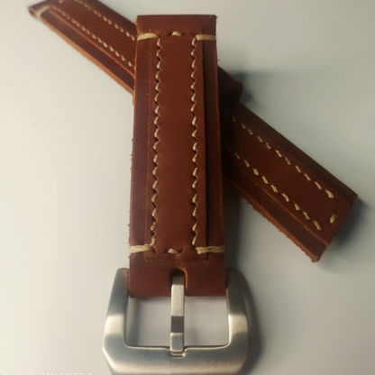 Handmade Leather Strap by Wrist Bound (Slick Dark Brown Leather, White Stitching, Silver Buckle)