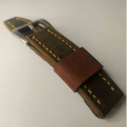 Handmade Leather Strap by Wrist Bound (Dark Green Leather. Gold Stitching. Silver Buckle)