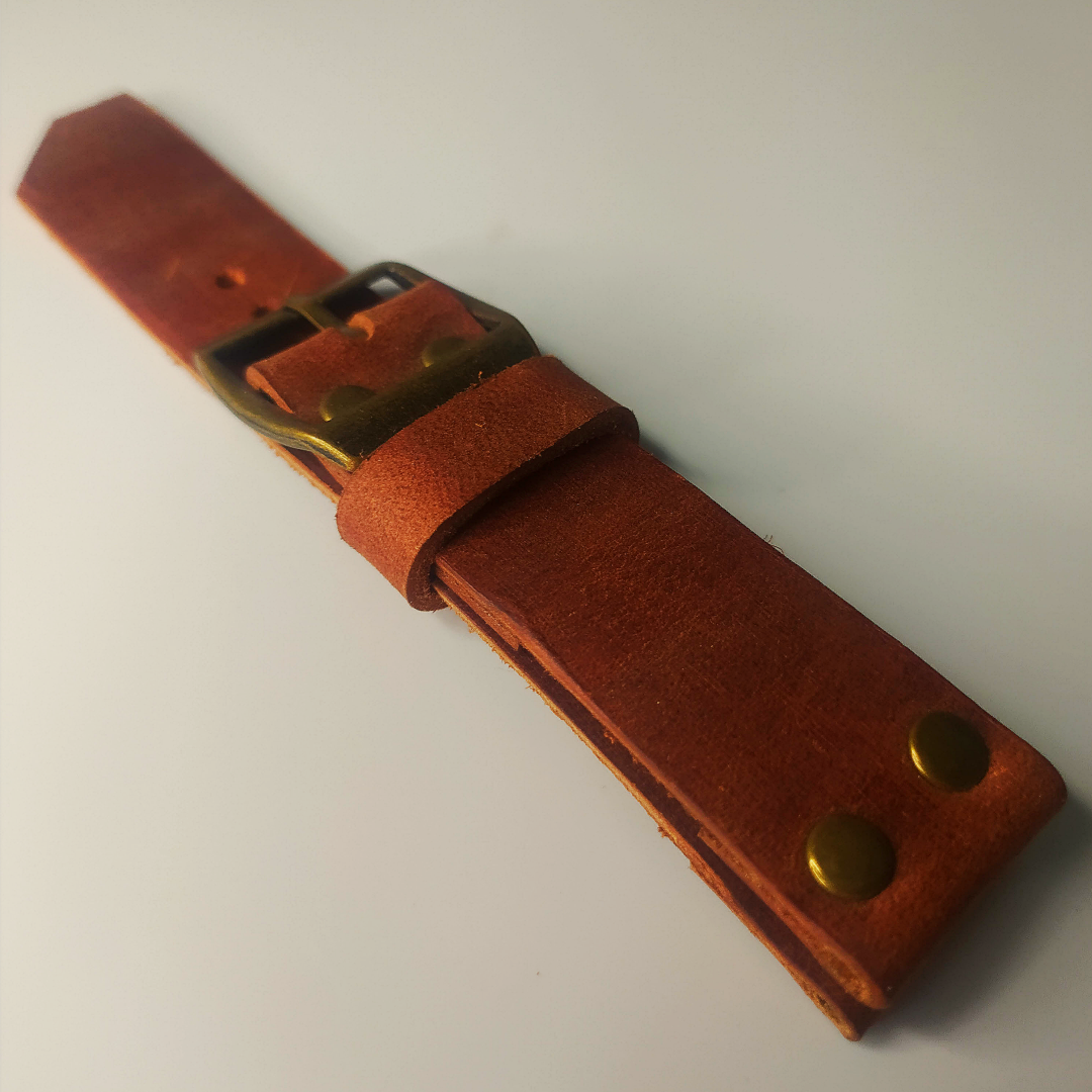 Handmade Leather Strap by Wrist Bound (Reddish Brown Leather, Copper Colored Rivets and Buckle)