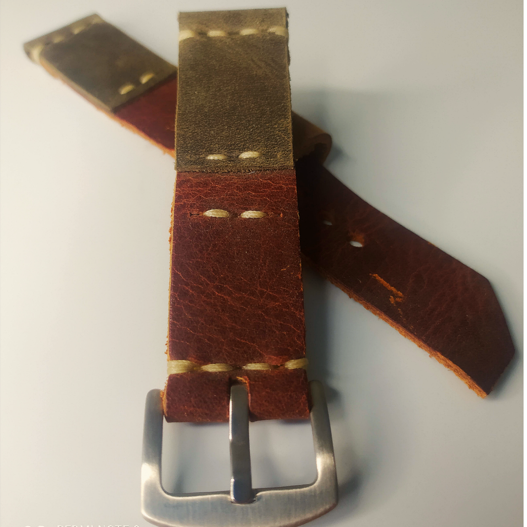 Handmade Leather Strap by Wrist Bound (Dark Green/Reddish Brown leather, Silver Rivets, White Stitching)
