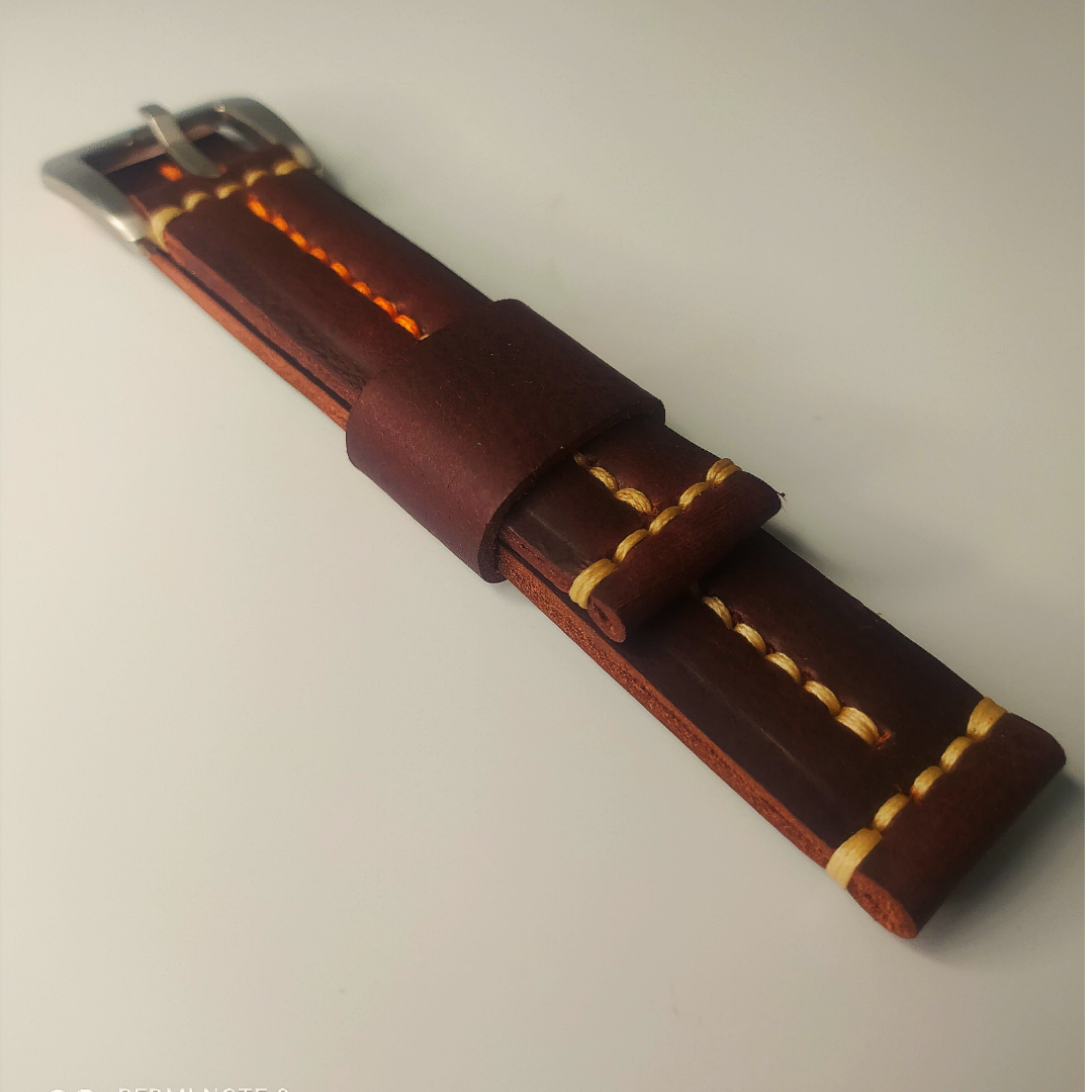 Handmade Leather Strap by Wrist Bound (Brown Red Leather. White/Orange Stitching. Silver Buckle)