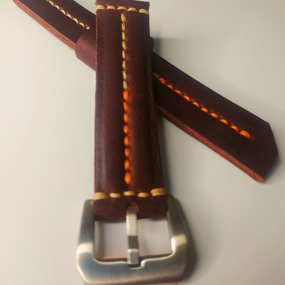 Handmade Leather Strap by Wrist Bound (Brown Red Leather. White/Orange Stitching. Silver Buckle)