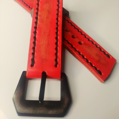 Handmade Leather Strap by Wrist Bound (Scraped Red Leather. Black Stitching. Black Buckle)