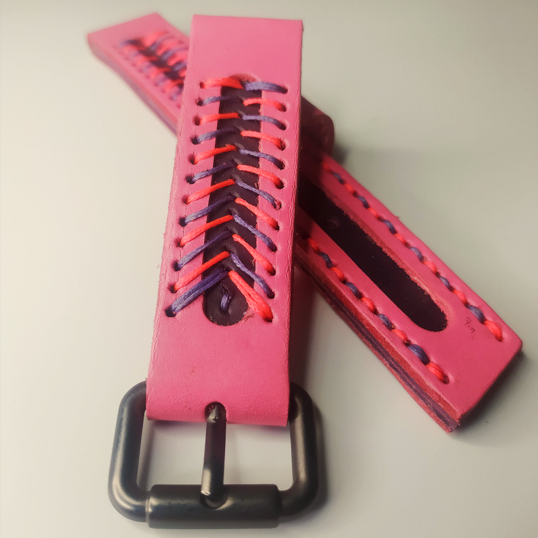 Handmade Leather Strap by Wrist Bound (Windowed. Pink Leather, Pink and Purple Stitching)