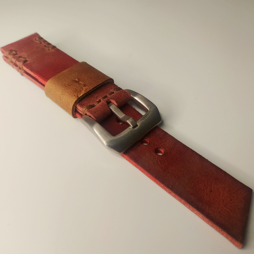 Handmade Leather Strap by Wrist Bound (Red/Light Brown Leather and Stitching, Silver Buckle)