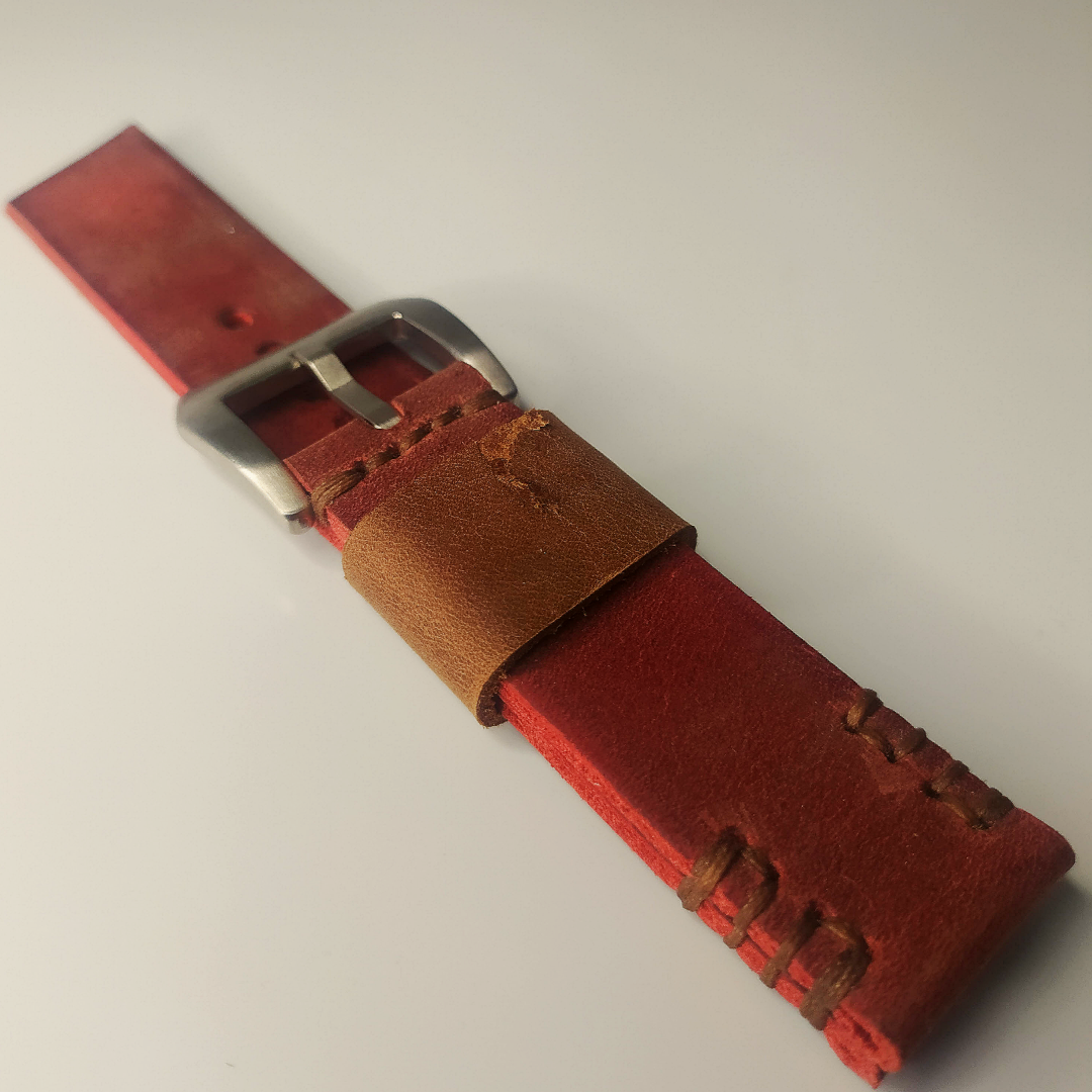 Handmade Leather Strap by Wrist Bound (Red/Light Brown Leather and Stitching, Silver Buckle)