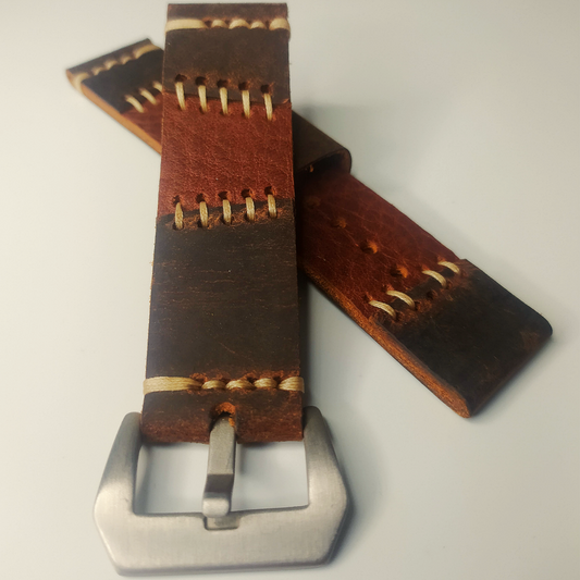 Handmade Leather Strap by Wrist Bound (Frankenstein Two Toned Brown Leather, White Stitching, Silver Buckle)