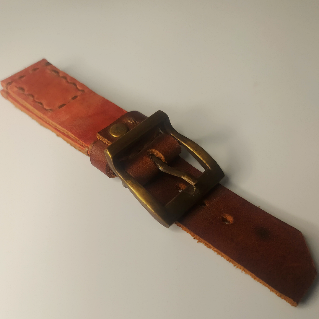 Handmade Leather Strap by Wrist Bound (Two Toned Reddish Brown Leather, Copper Colored Rivets and Buckle)