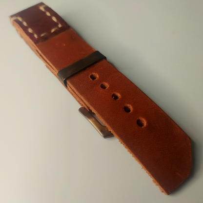 Handmade Leather Strap by Wrist Bound (Redish Brown Leather, White Stitching, Silver Buckle)