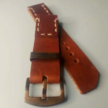 Handmade Leather Strap by Wrist Bound (Redish Brown Leather, White Stitching, Silver Buckle)