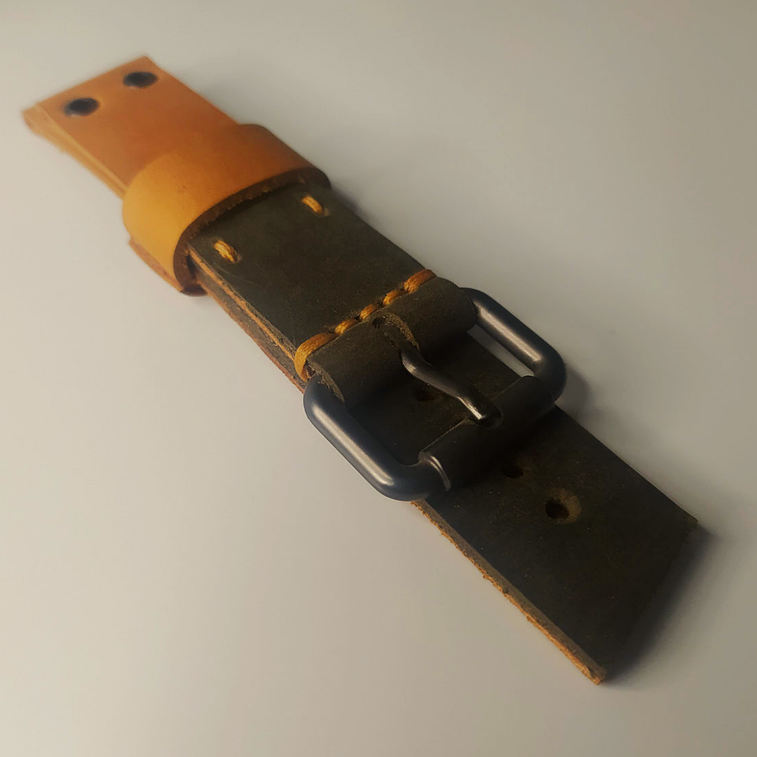 Handmade Leather Strap (Black/Light Brown leather, rivets and stitching)