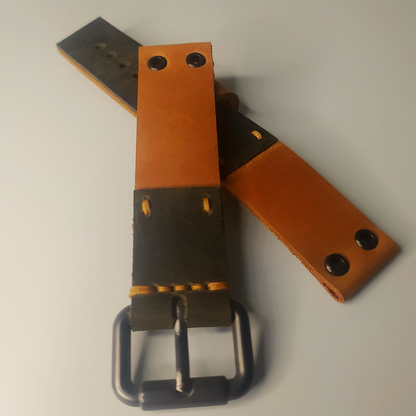 Handmade Leather Strap (Black/Light Brown leather, rivets and stitching)