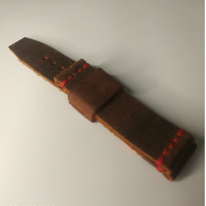 Wrist Bound 20mm dark distressed brown with red stitching