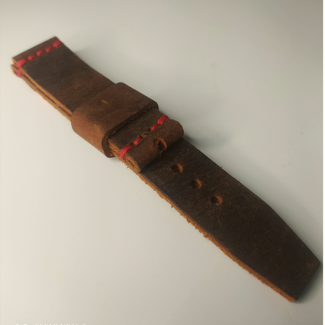 Wrist Bound 20mm dark distressed brown with red stitching