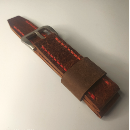 Wrist Bound 22mm Hand Treated Brown Leather With Orange Stitching. (No buckle).