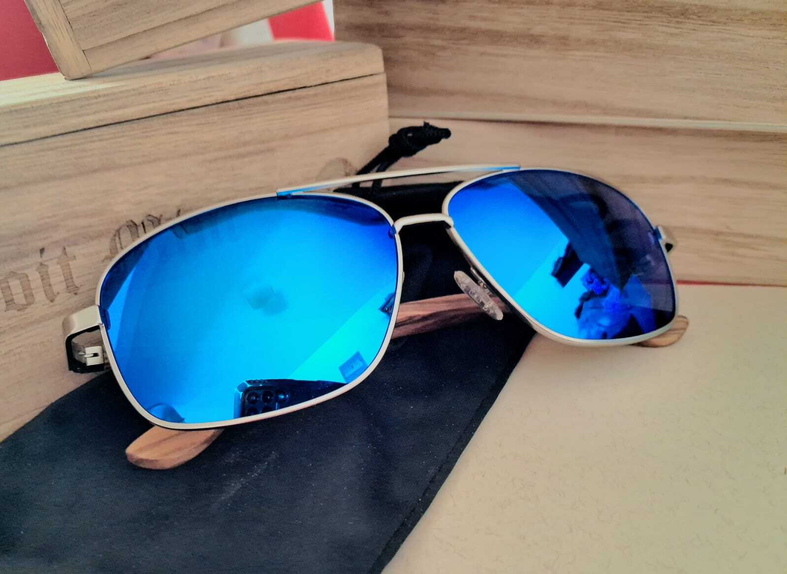 Detroit Mint Zebra Wood Frame Blue Sunglasses