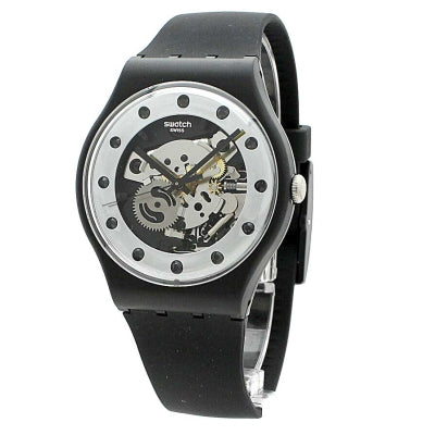 SWATCH Originals Silver Glame Skeleton Dial Black Silicone Men's Watch SUOZ147