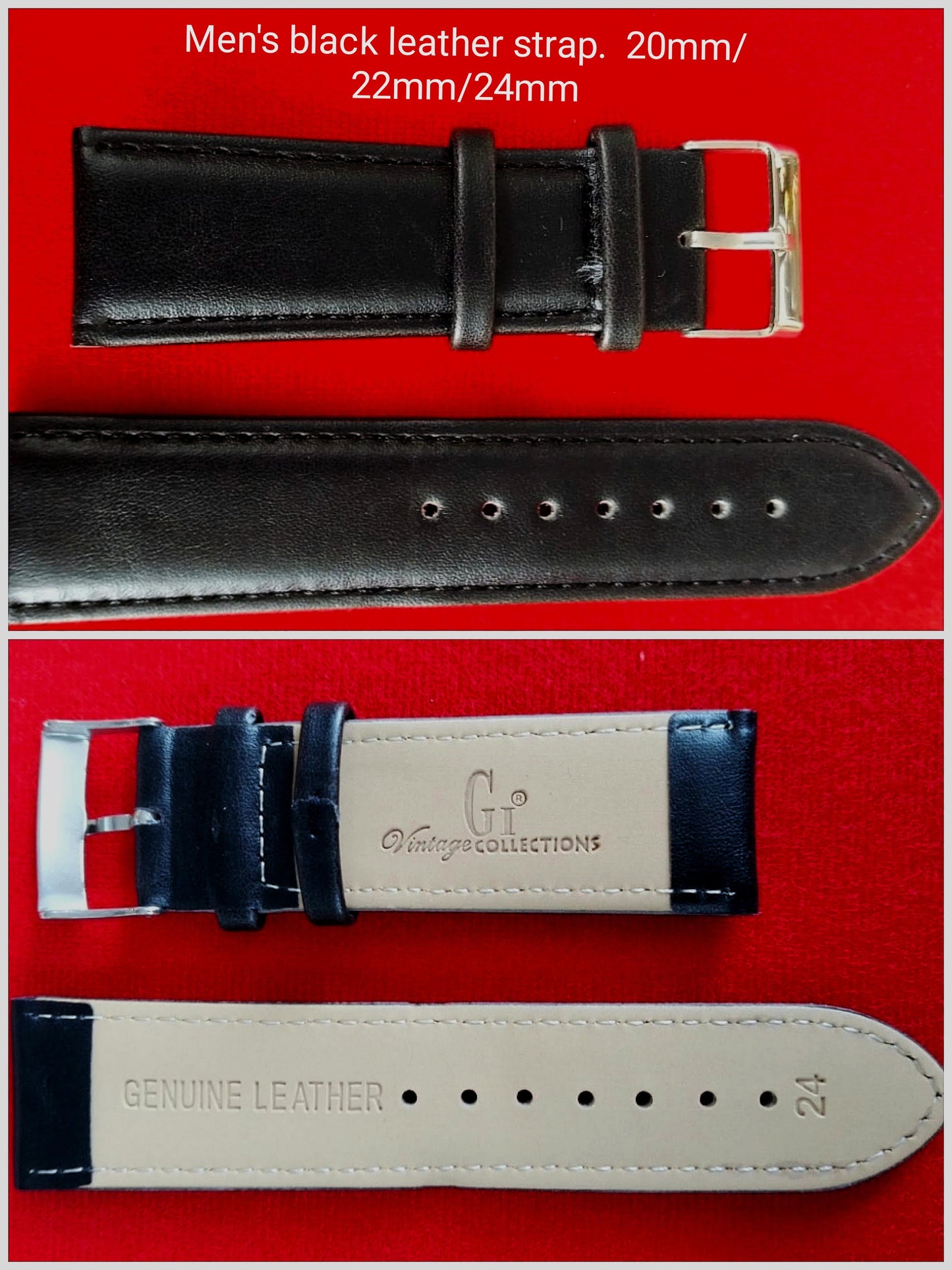 Men's black genuine leather strap 20mm/22mm/24mm