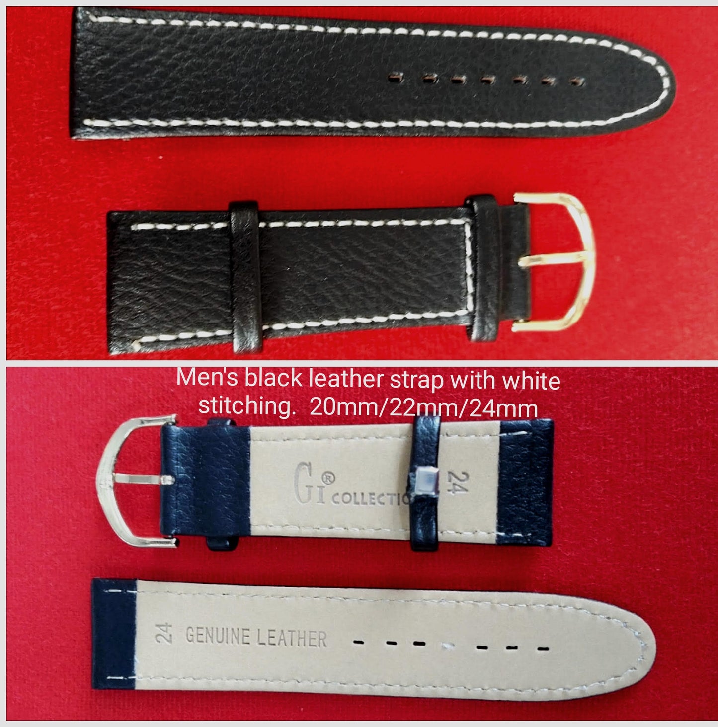 Men's black leather strap with white stitching 20mm/22mm/24mm