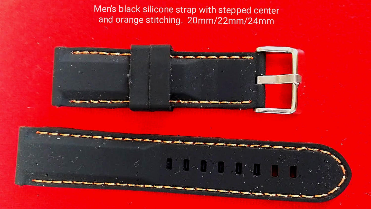 Men's grey and black silicone strap with stepped center and orange stitching 20mm/22mm/24mm