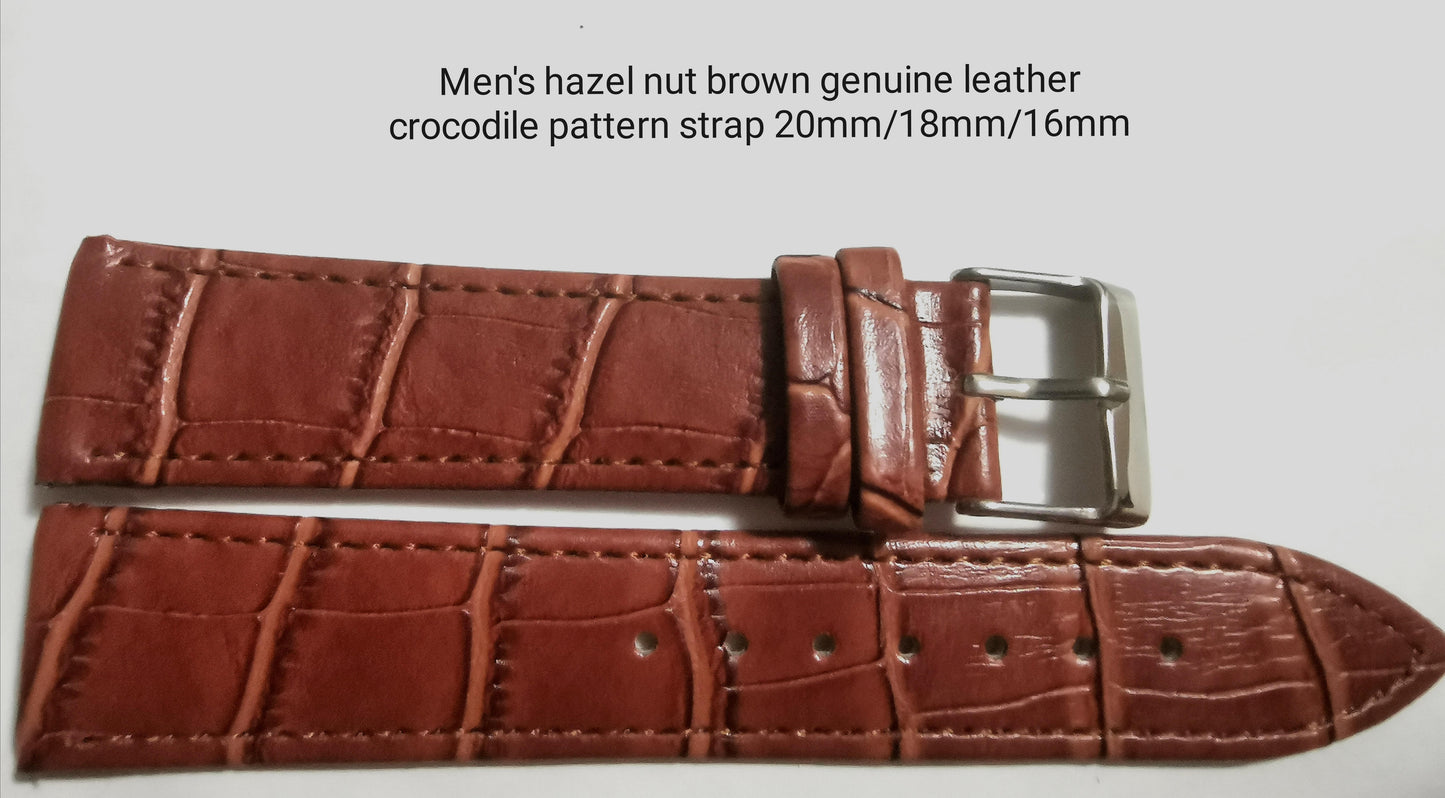 Men's hazel nut brown genuine leather crocodile pattern strap 16mm/18mm/20mm
